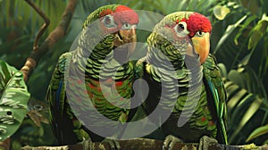 Two red-fronted macaws perching on a branch