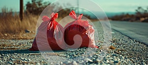 Two red garbage bags on an empty road. environmental pollution concept. simple composition with a clear message