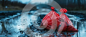 Two Red Garbage Bags on Wet Road