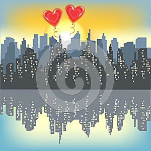 Two red gel balls on a silhouette of a big city. Bright morning sky. Rising Sun. The city is reflected in the water. Vector