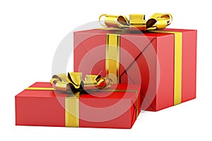 Two red gift boxes with golden ribbons isolated on white