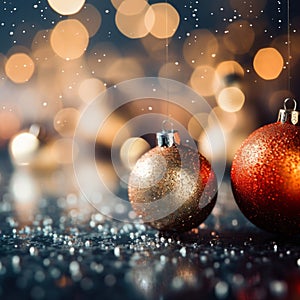 two red and gold christmas ornaments on a dark background