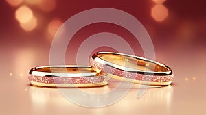 Two red gold wedding rings on soft pink bokeh background, elegant and timelessly romantic. photo
