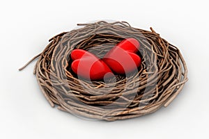 Two red heart in a bird nest