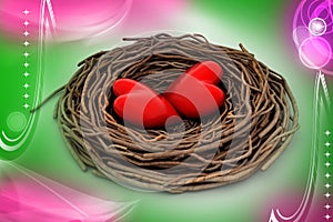 Two red heart in a bird nest