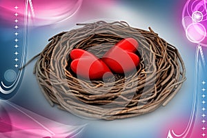 Two red heart in a bird nest