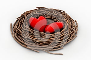 Two red heart in a bird nest