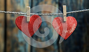 Red heart decorations hanging on a string against a rustic wooden background for a romantic or festive