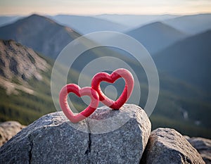 two hearts on the top of a mountain