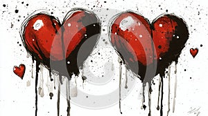 Two Red Hearts With Black Paint Drips On White Background