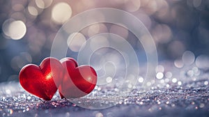 Two red hearts on bokeh background.