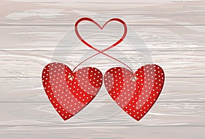 Two red hearts with bow and ribbon. Valentine`s Day. Vector illu