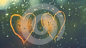 Two red hearts drawn with raindrops on a foggy windowpane, Raindrops forming heart shapes on a window pane