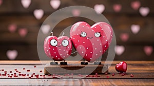 Two red hearts with eyes and antennae on a wooden table, AI