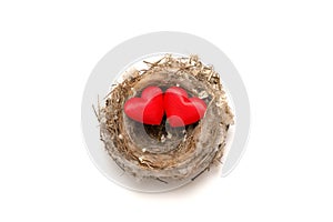 Two red hearts are laying together in nest. Relationship concept