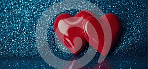 Two red hearts melting into each other against a blue glitter background. Valentine\'s Day design banner.