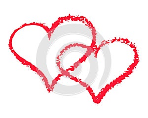 Two red hearts outline vector illustration on white background. St Valentine Day clipart. Chalk texture double heart