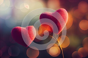 two red hearts are placed on a stem with blurry lights in the background and a blurry background