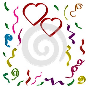 Two red hearts with ribbons and confetti in different colors in 3 d on white background