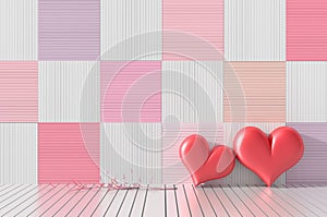 Two red hearts in the room. The wood walls are decorated with bright colors and variety. Rooms of Love on Valentine`s Day. Backgro