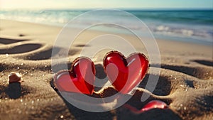 Two red hearts in the sand on the sea background