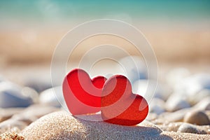 two red hearts on a sandy beach with a blue ocean in the background. love sign