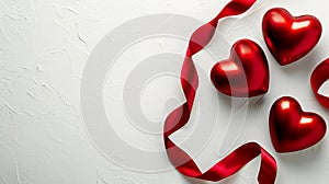 Two red hearts and a satin red ribbon on light background copy space. Valentine\'s Day concept. Glossy red hearts and satin