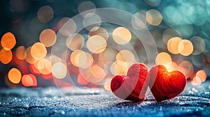 Two red hearts on a snowy background with bokeh lights