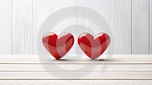 Two red hearts symbolizing a couple, relationship and love on a wooden background with space for text