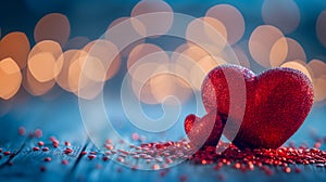 two red hearts on table with selective focus and bokeh background for valentine day greeting card.