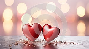 Two red hearts together on a soft white surface with a romantic pink bokeh background symbolizing love and Valentines Day