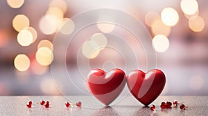 Two red hearts together on a soft white surface with a romantic pink bokeh background symbolizing love and Valentines Day