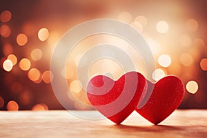 Two red hearts touching each other on a wooden surface with a warm bokeh light background