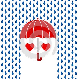 Two red hearts under red umbrella on rain, Valetine`s Day greeti