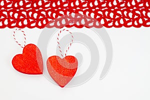 Two Red hearts on a white background.Valentine s day concept.Love concept. Greeting card.Background of different colored