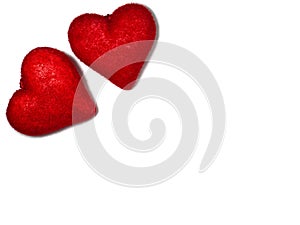 Two red hearts on white paper. Postcard for valentine\'s day. Happy valentine\'s day greetings. Romantic background.
