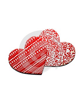 Two red hearts with white pattern isolated on white background.