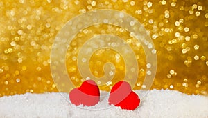 Two red hearts on white snowy background. Concept for Valentine`s day. Banner. Copy space