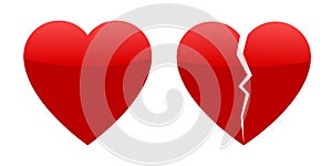Two red hearts, whole and broken