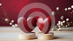 Two Red Hearts on a Wooden Stand