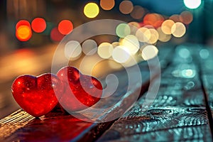 Two red hearts on a wooden table against the backdrop of defocused city lights.