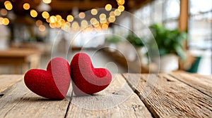 Two red hearts on wooden table