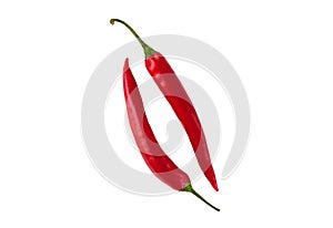 Two red hot chili peppers isolated on white background. Top view. Close-up