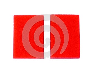 Two Red household cleaning sponge.  Cleaning service,spring cleaning concept. Flat lay, Top view.Housework concept.
