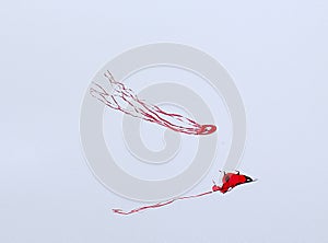 Two red kites floating in the sky.