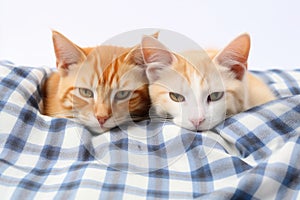 Two red kittens lying on a blue plaid. Isolated on white background, Two cats lying on plaid isolated on white background, close