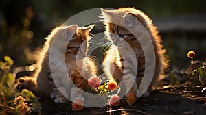 Two red kittens playing with dandelions in the garden at sunset