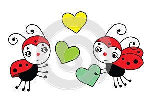 Two red ladybugs love God with hearts spring -