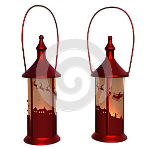 Two red metallic Christmas themed lanterns isolated on a white background