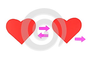 Two red paper hearts with three pink arrows, concept relationships